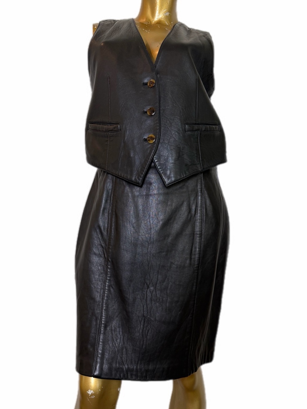 Vintage Lord & Taylor Black Genuine Leather Vest & Skirt Set Vest M/ Skirt 12